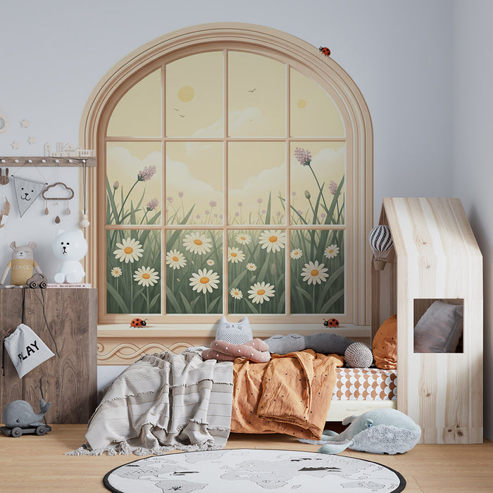 Papier peint chambre bébé | Fenêtre sur un champ de fleurs avec coccinelles