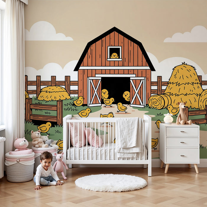 Papel de parede para quarto de bebé | Quinta alegre com pintainhos e celeiro colorido