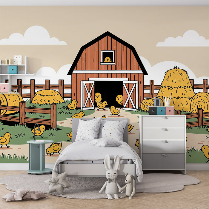 Papel de parede para quarto de bebé | Quinta alegre com pintainhos e celeiro colorido