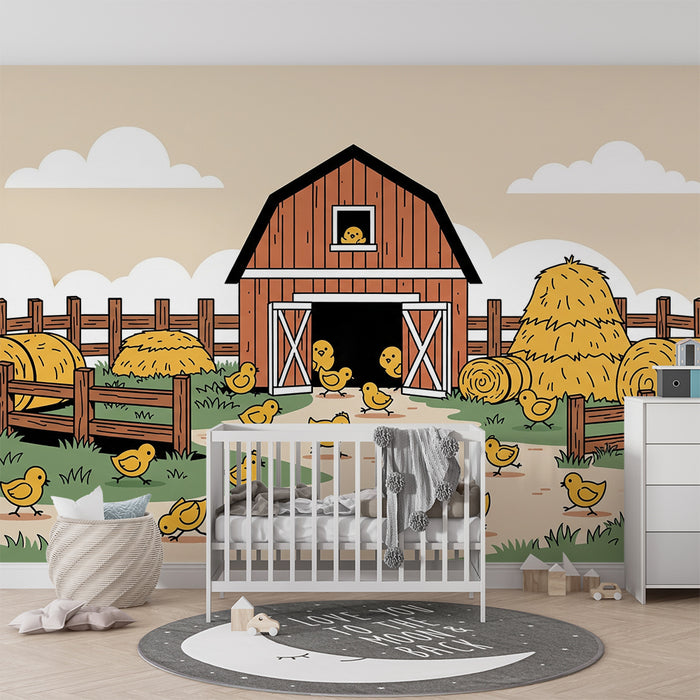 Papel de parede para quarto de bebé | Quinta alegre com pintainhos e celeiro colorido