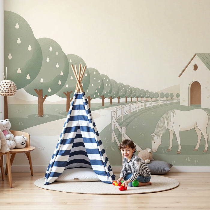 Papel de parede para quarto de bebé | Quinta tranquila com cavalos e árvores suaves