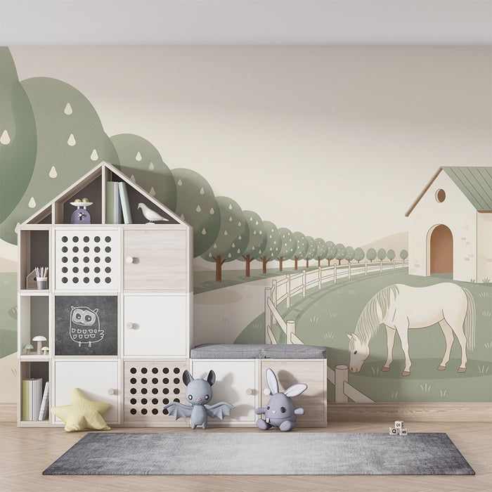 Papel de parede para quarto de bebé | Quinta tranquila com cavalos e árvores suaves