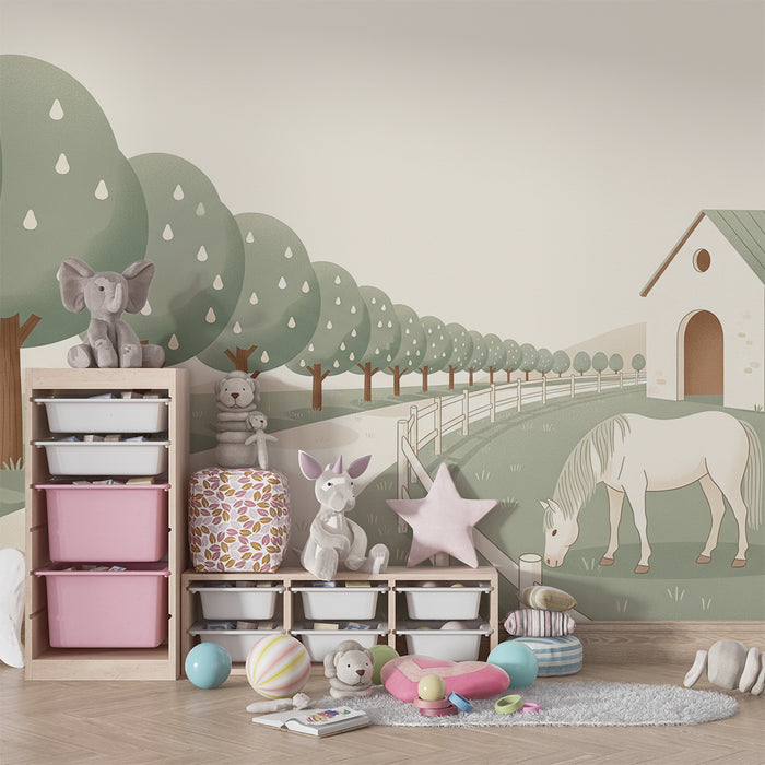 Papel de parede para quarto de bebé | Quinta tranquila com cavalos e árvores suaves