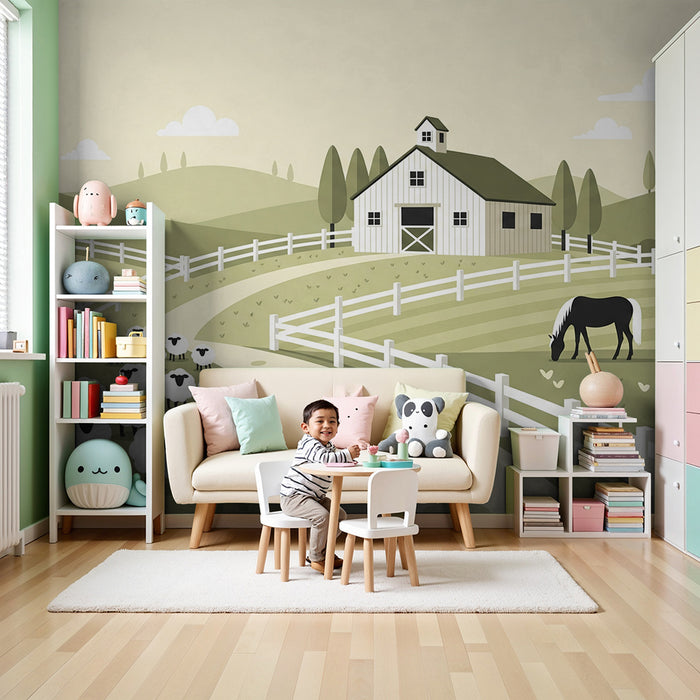 Papier peint chambre bébé | Ferme paisible avec moutons et cheval