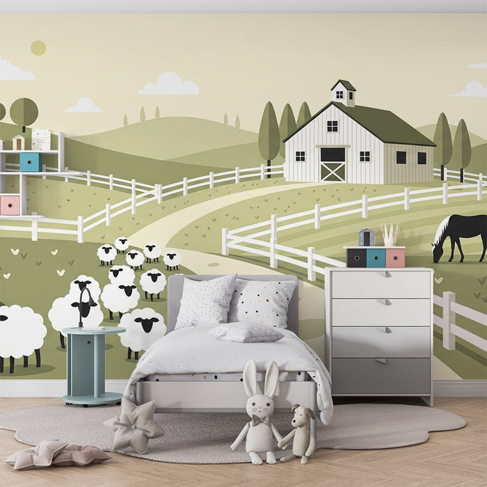 Papier peint chambre bébé | Ferme paisible avec moutons et cheval