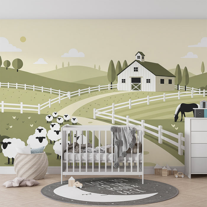 Papier peint chambre bébé | Ferme paisible avec moutons et cheval