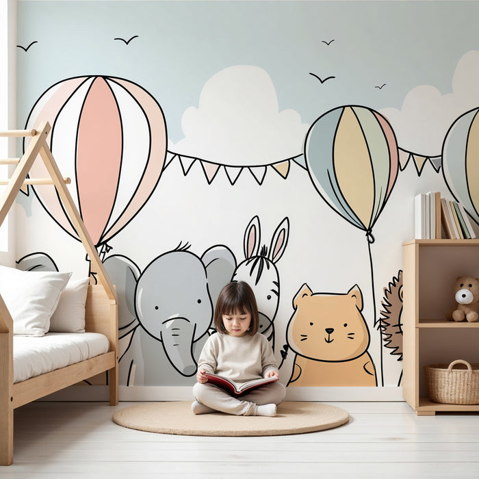 Babykamer behang | Dierenfeest met kleurrijke ballonnen