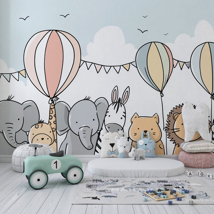 Babykamer behang | Dierenfeest met kleurrijke ballonnen