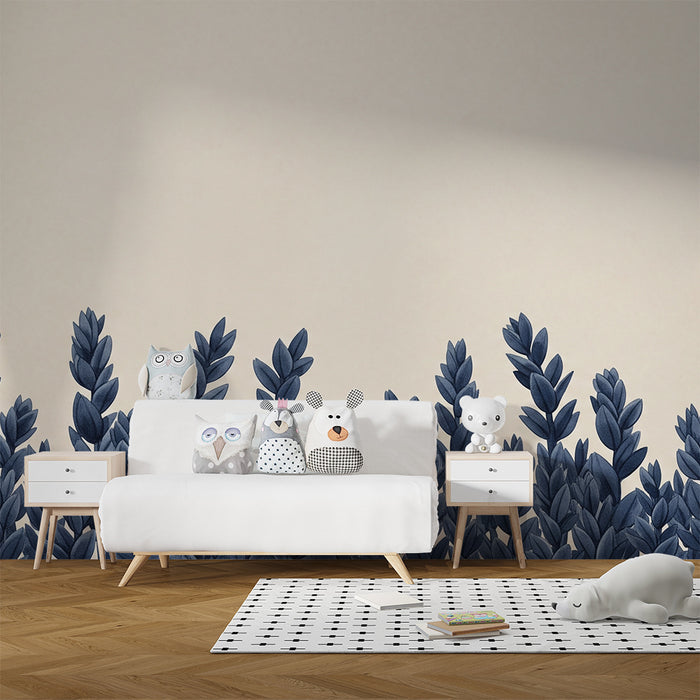 Børneværelse tapet | Marineblåt løv på blød flødefarvet baggrund