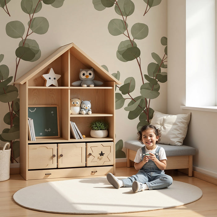 Papel de parede para quarto de bebé | Folhagem de eucalipto sobre fundo suave