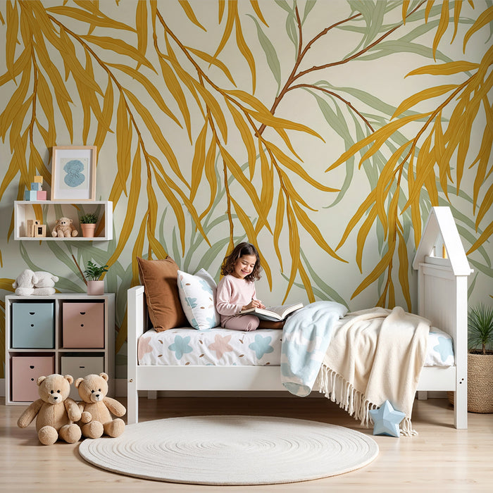 Tapete fürs Babyzimmer | Zartes Blattwerk in Gold- und Grüntönen