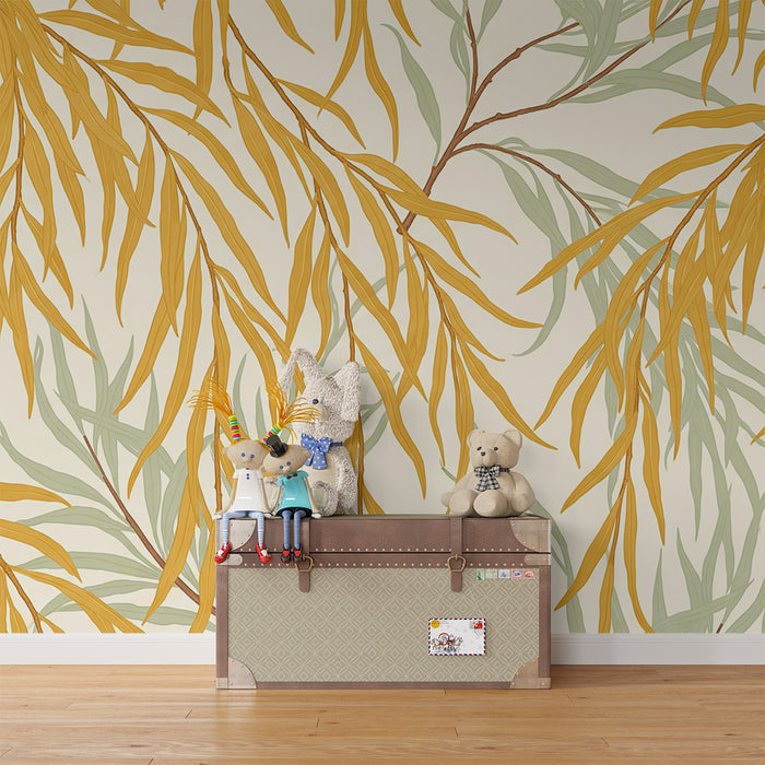 Tapete fürs Babyzimmer | Zartes Blattwerk in Gold- und Grüntönen