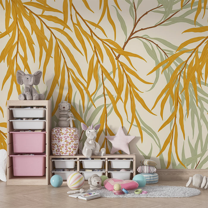 Tapete fürs Babyzimmer | Zartes Blattwerk in Gold- und Grüntönen