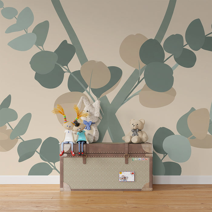 Papel de parede para quarto de bebé | Folhagem delicada em tons suaves sobre fundo claro