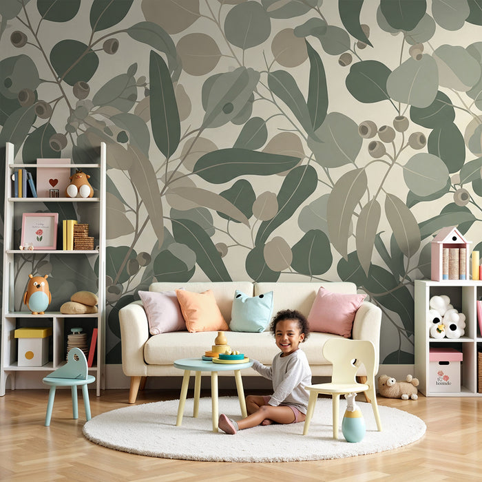 Papel de parede para quarto de bebé | Foliagem delicada em tons de verde e bege
