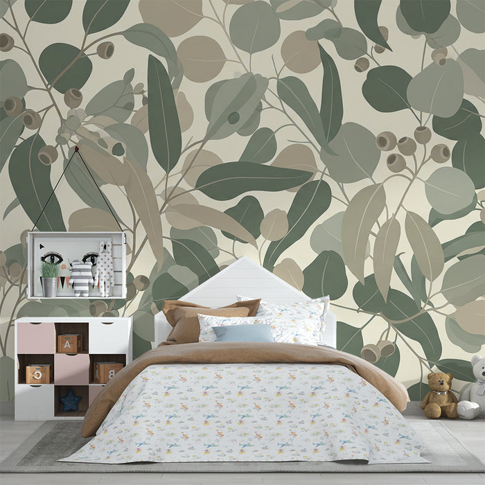 Papel de parede para quarto de bebé | Foliagem delicada em tons de verde e bege