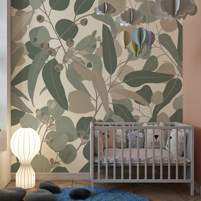 Papel de parede para quarto de bebé | Foliagem delicada em tons de verde e bege