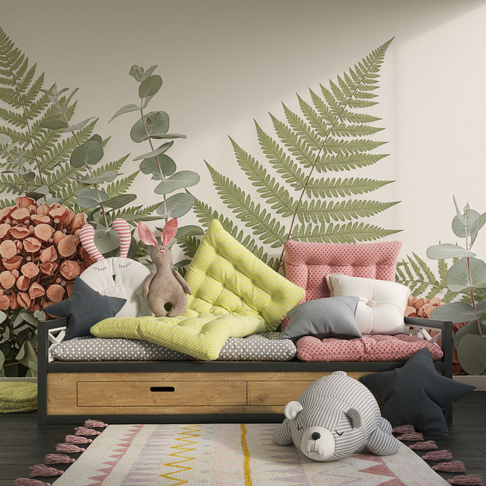 Babyzimmer Tapete | Zartes Blattwerk mit Eukalyptus und Farnen