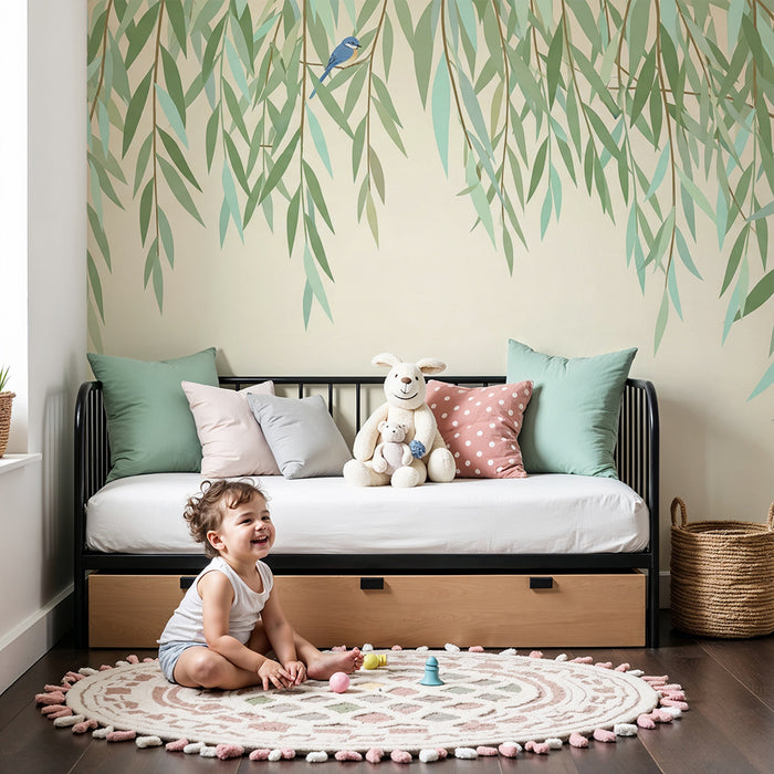 Papel de parede para quarto de bebé | Folhagem delicada com pássaros coloridos