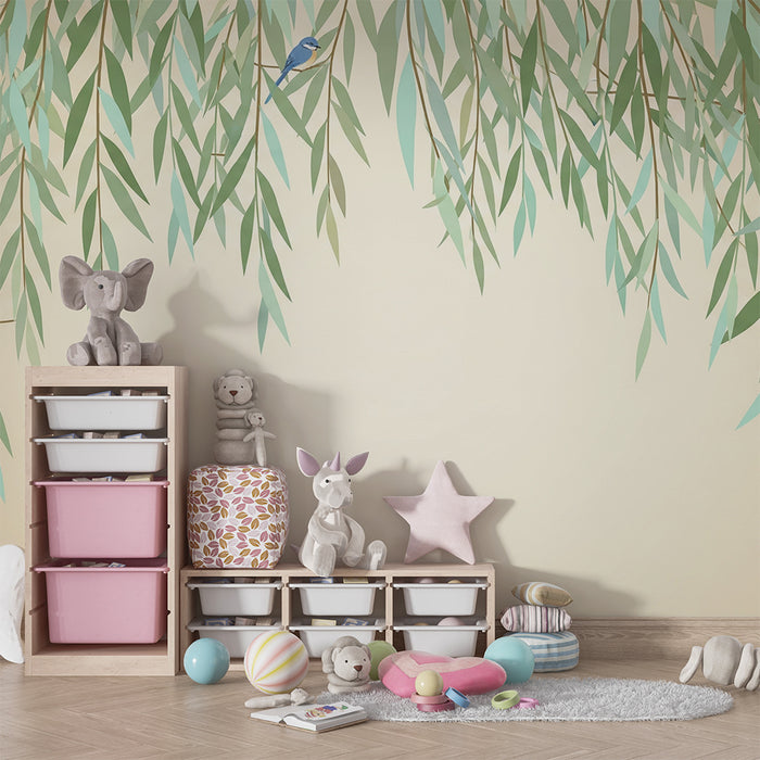 Papel de parede para quarto de bebé | Folhagem delicada com pássaros coloridos