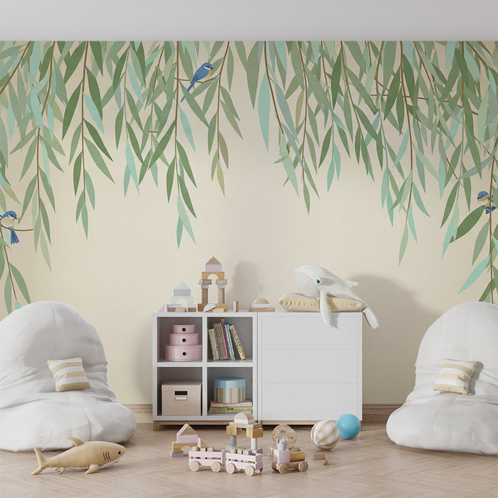 Papel de parede para quarto de bebé | Folhagem delicada com pássaros coloridos