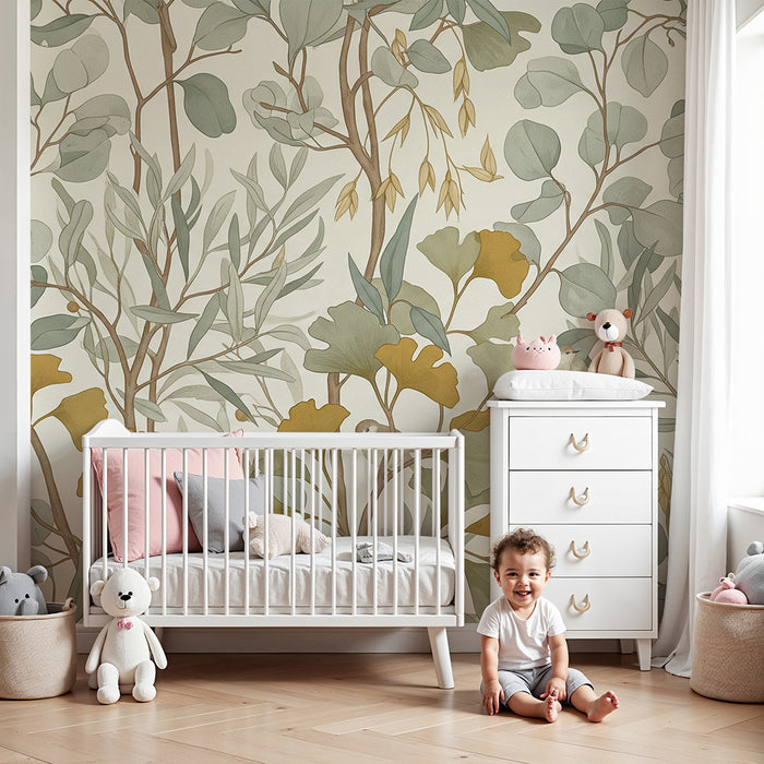 Papel de parede para quarto de bebé | Folhagem delicada com pássaros e tons suaves