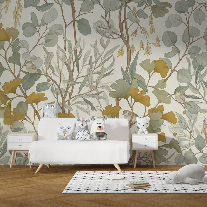 Papel de parede para quarto de bebé | Folhagem delicada com pássaros e tons suaves