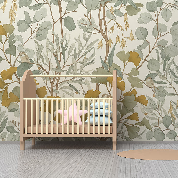 Papel de parede para quarto de bebé | Folhagem delicada com pássaros e tons suaves