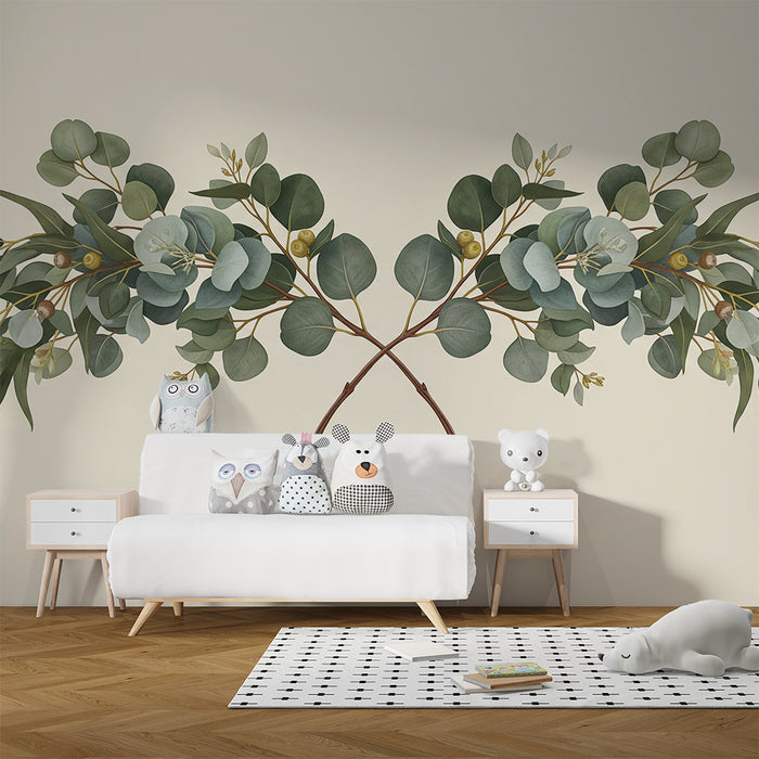 Papel de parede para quarto de bebé | Folhagem delicada de eucalipto sobre fundo suave