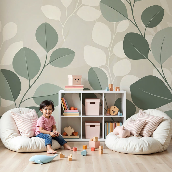 Papel de parede para quarto de bebé | Folhagem delicada em tons suaves de verde e creme