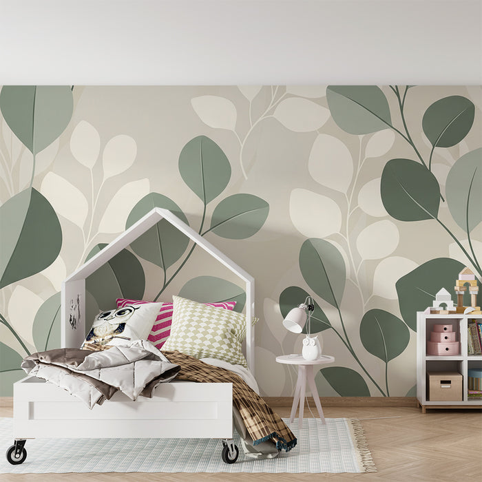 Papel de parede para quarto de bebé | Folhagem delicada em tons suaves de verde e creme