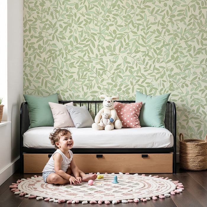 Papier peint chambre bébé | Feuillage délicat dans des tons verts apaisants
