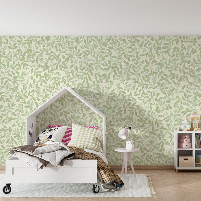 Papier peint chambre bébé | Feuillage délicat dans des tons verts apaisants