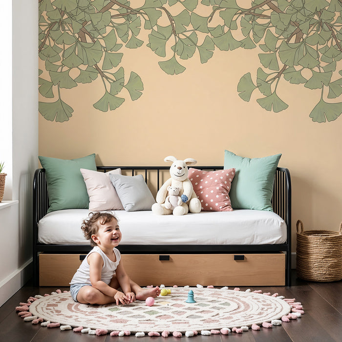 Papel de parede para quarto de bebé | Folhagem delicada de ginkgo sobre fundo suave