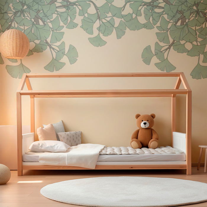 Papel de parede para quarto de bebé | Folhagem delicada de ginkgo sobre fundo suave