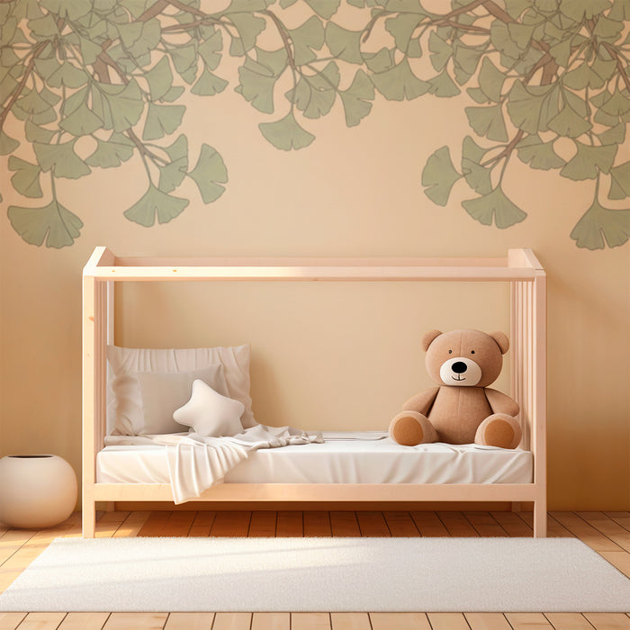 Papel de parede para quarto de bebé | Folhagem delicada de ginkgo sobre fundo suave