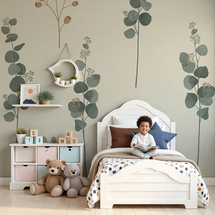 **Børneværelsestapet | Sarte blade og minimalistiske blomster på en blød baggrund**
