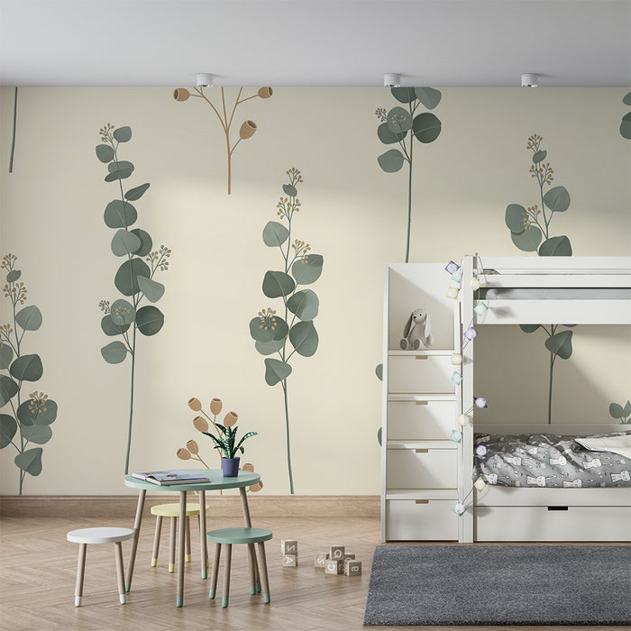 **Børneværelsestapet | Sarte blade og minimalistiske blomster på en blød baggrund**
