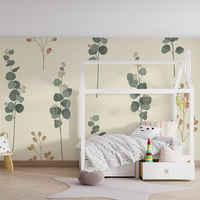**Børneværelsestapet | Sarte blade og minimalistiske blomster på en blød baggrund**