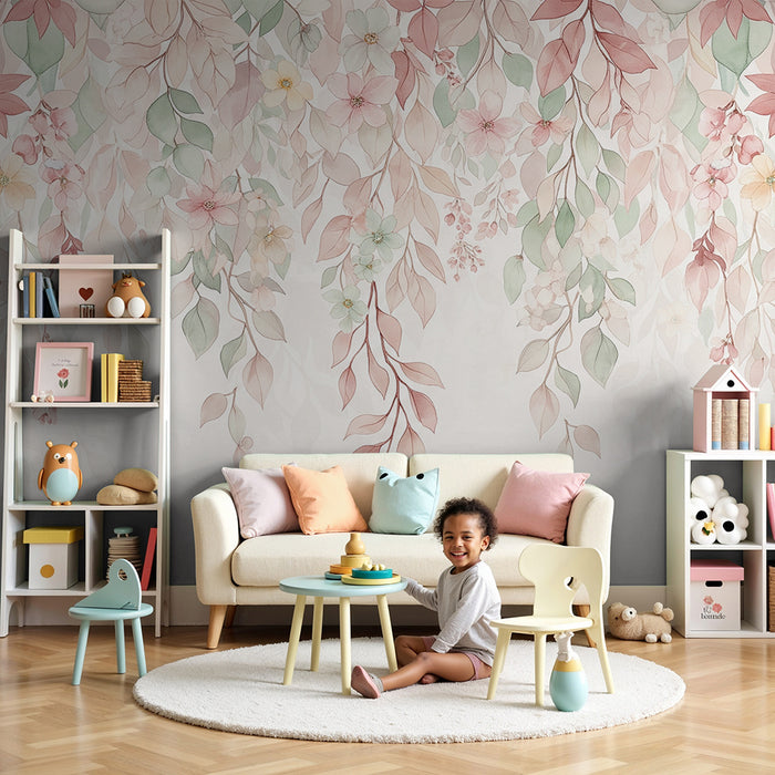 Børneværelse tapet | Delikat løv og pastelfarvede blomster for en blid stemning