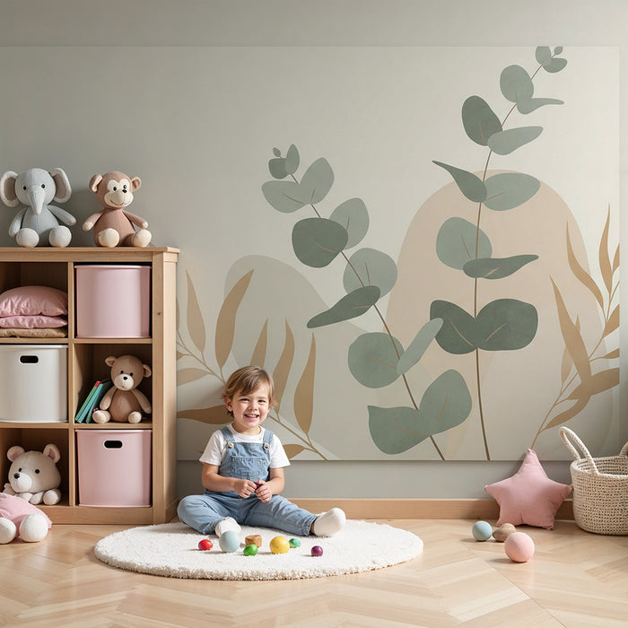 Papel de parede para quarto de bebé | Folhagem delicada e formas orgânicas em tons suaves