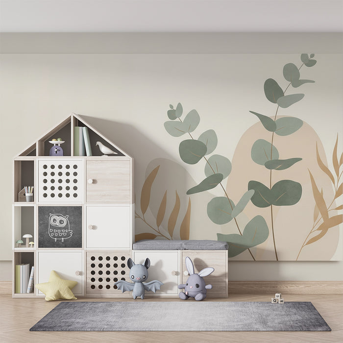 Papel de parede para quarto de bebé | Folhagem delicada e formas orgânicas em tons suaves