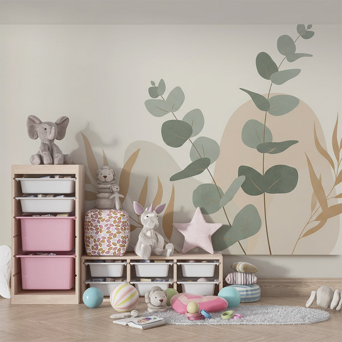 Papel de parede para quarto de bebé | Folhagem delicada e formas orgânicas em tons suaves