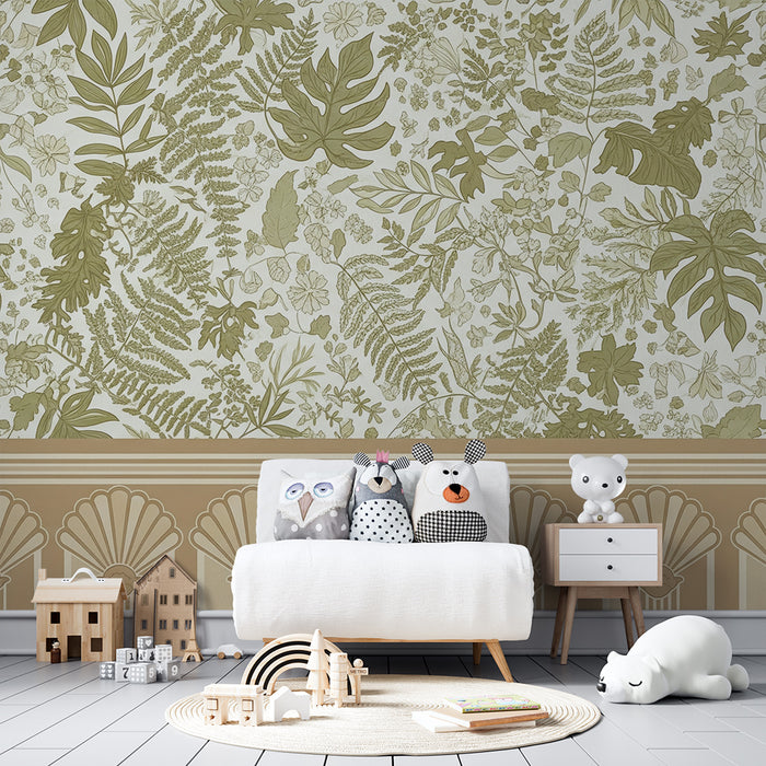 Papel de parede para quarto de bebé | Folhagem delicada e motivos florais em tons suaves