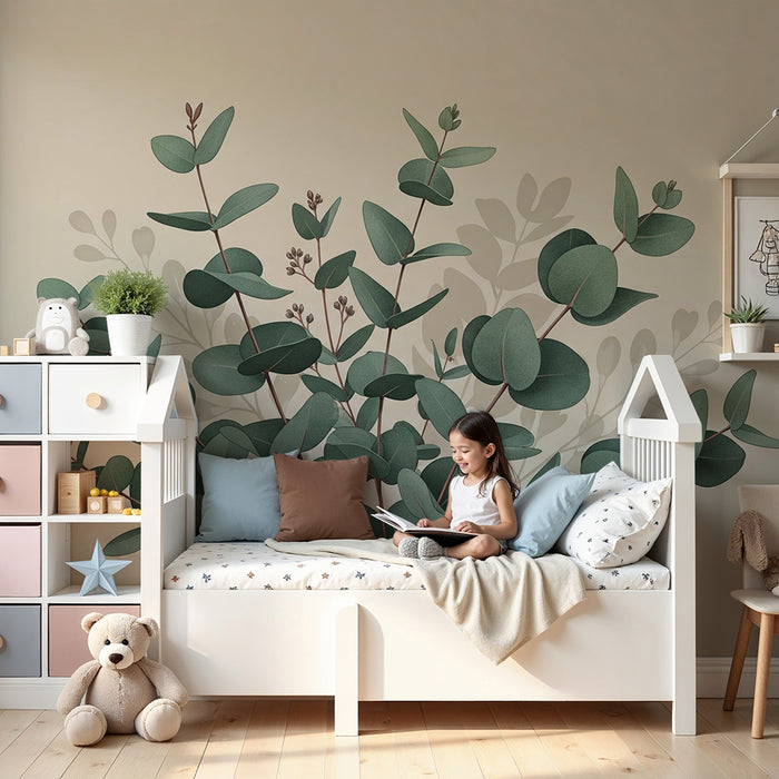 Papel de parede para quarto de bebé | Folhagem delicada sobre fundo bege
