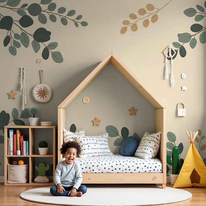 Papel de parede para quarto de bebé | Folhagem delicada sobre fundo creme