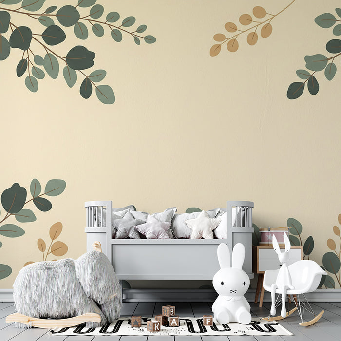 Papel de parede para quarto de bebé | Folhagem delicada sobre fundo creme