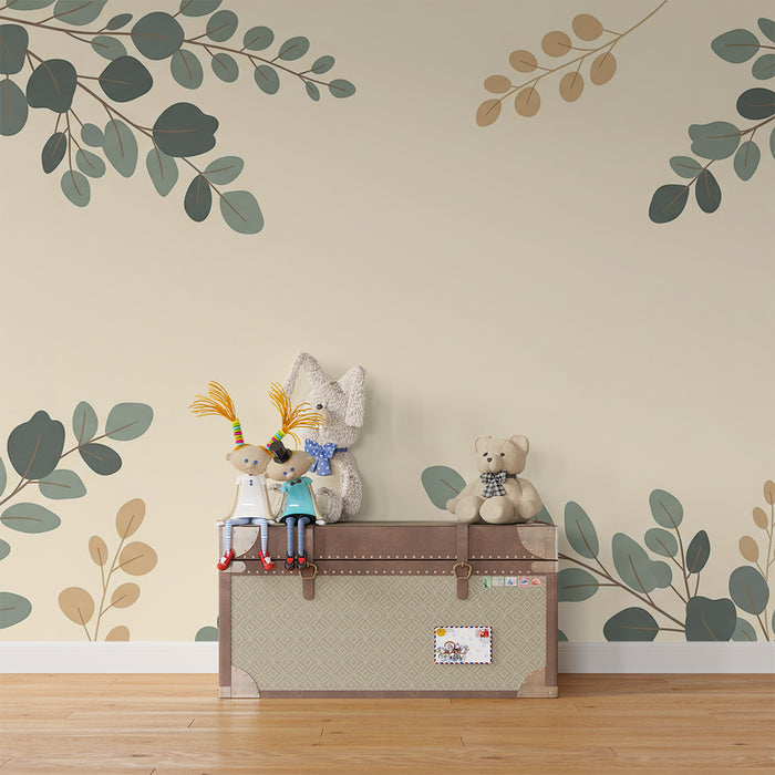 Papel de parede para quarto de bebé | Folhagem delicada sobre fundo creme