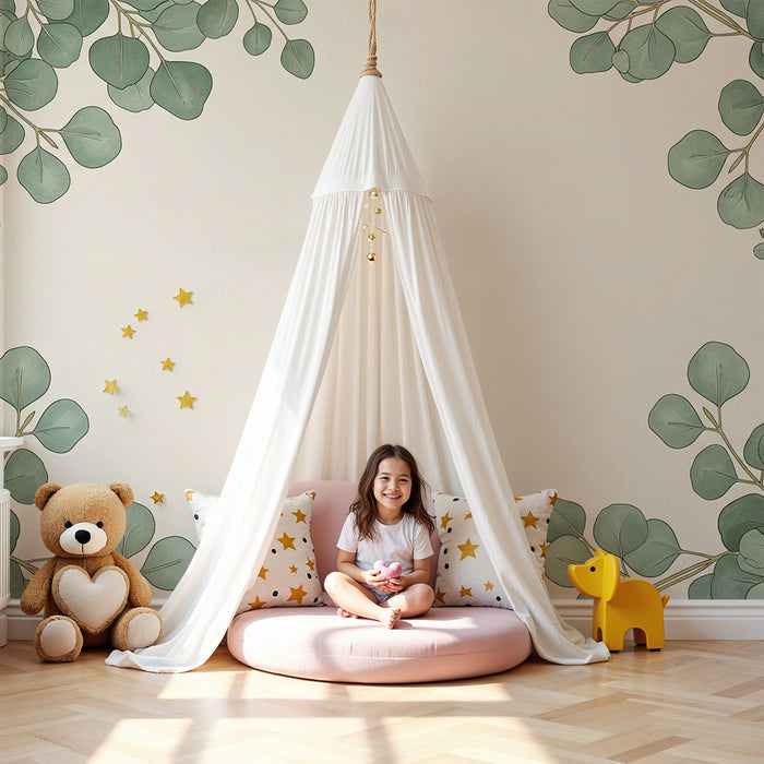Papel de parede para quarto de bebé | Folhagem delicada sobre fundo creme