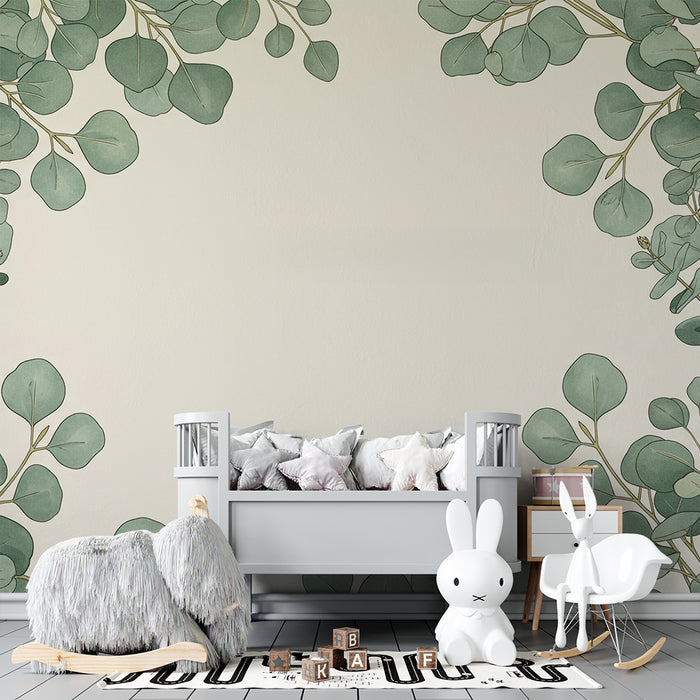 Papel de parede para quarto de bebé | Folhagem delicada sobre fundo creme
